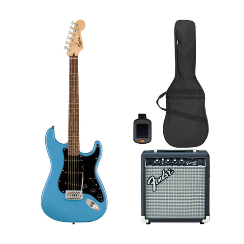 Squier Sonic Stratocaster Electric Guitar Bundle w/Black Pickguard, Laurel FB, California Blue