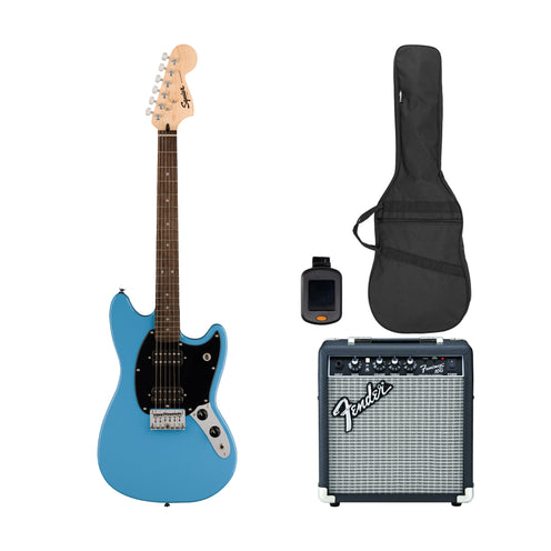 Squier Sonic Mustang HH Electric Guitar Bundle w/Black Pickguard, Laurel FB, California Blue