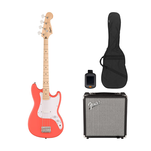Squier Sonic Bronco Bass Guitar Bundle w/White Pickguard, Maple FB, Tahitian Coral