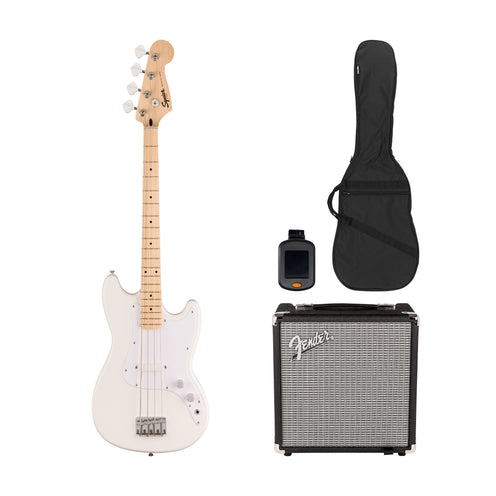 Squier Sonic Bronco Bass Guitar Bundle w/White Pickguard, Maple FB, Arctic White