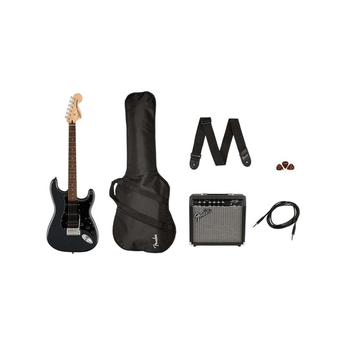 Squier Affinity Series HSS Stratocaster Guitar Pack, Laurel FB, Charcoal Frost Metallic, 230V, UK