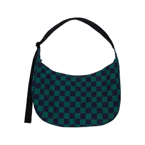 Baggu Large Nylon Crescent Bag, Navy Green Check