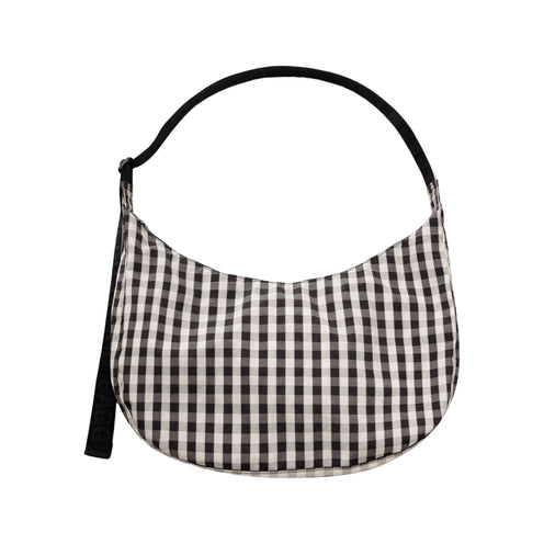 Baggu Large Nylon Crescent Bag, Black and Cream Gingham