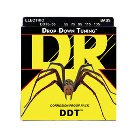 DR Strings DDT5-55 Drop-Down Tuning Stainless Steel 5-String Bass Guitar Strings, Heavy, 55-135