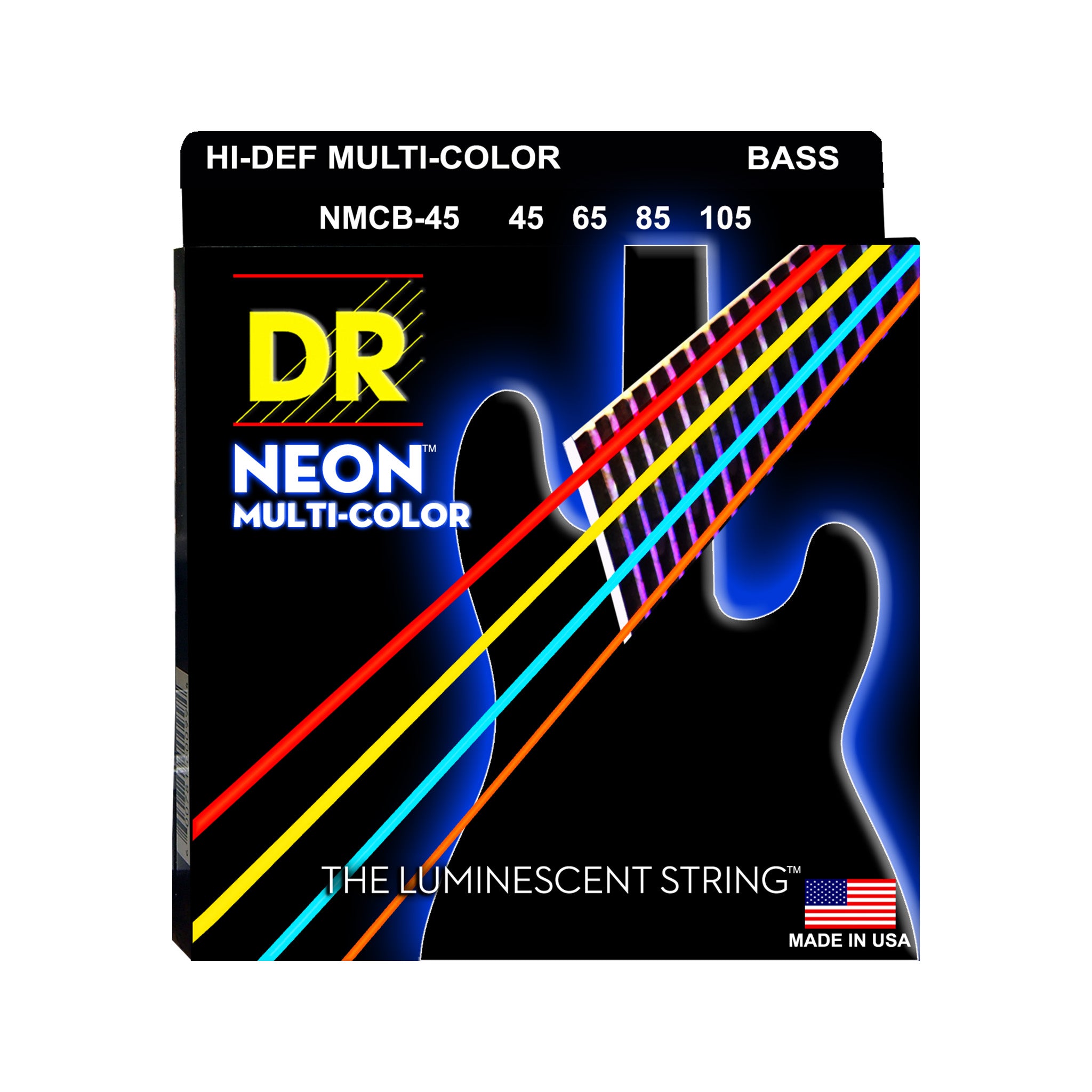 DR Strings NMCB-45 Hi-Def Neon Multi-Color K3 Coated Bass Guitar Strings, Medium, 45-105a