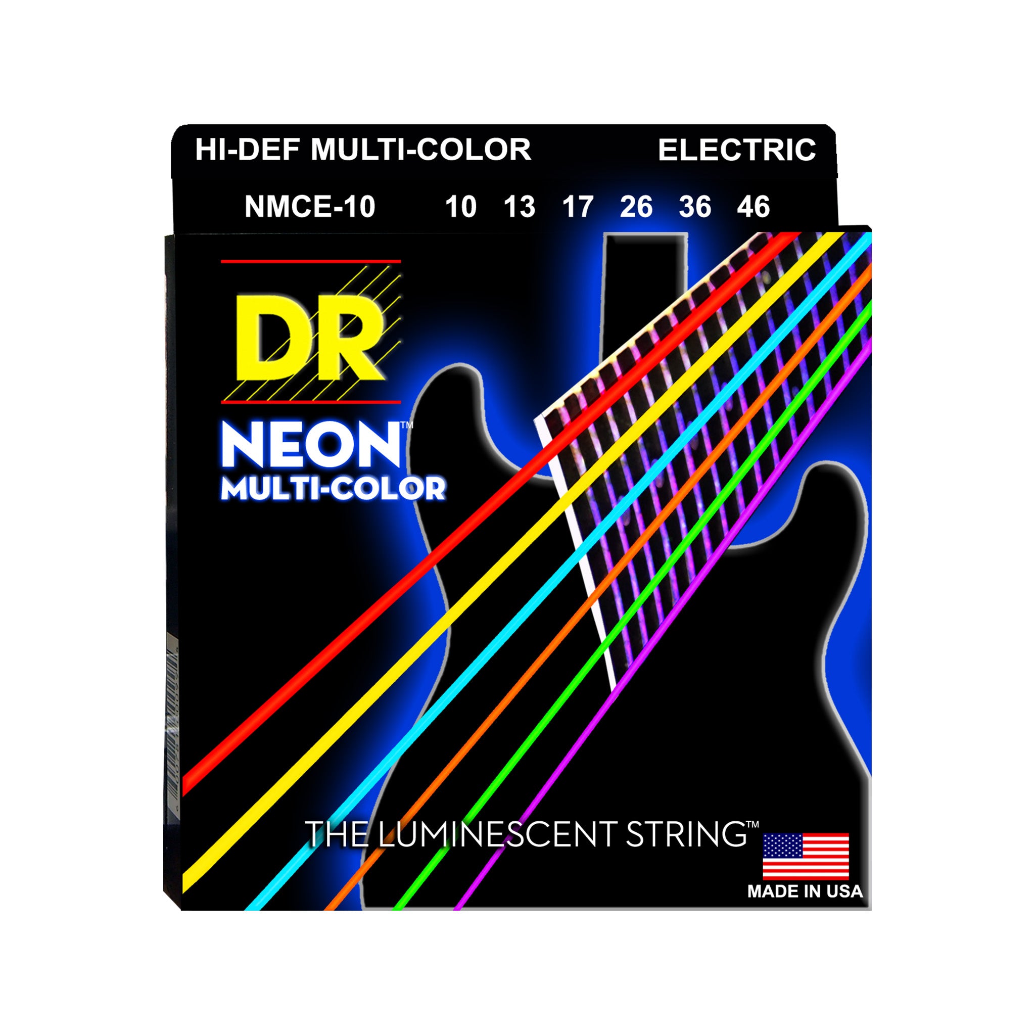 DR Strings NMCE-10 Hi-Def Neon Multi-Color K3 Coated Electric Guitar Strings, Medium, 10-46