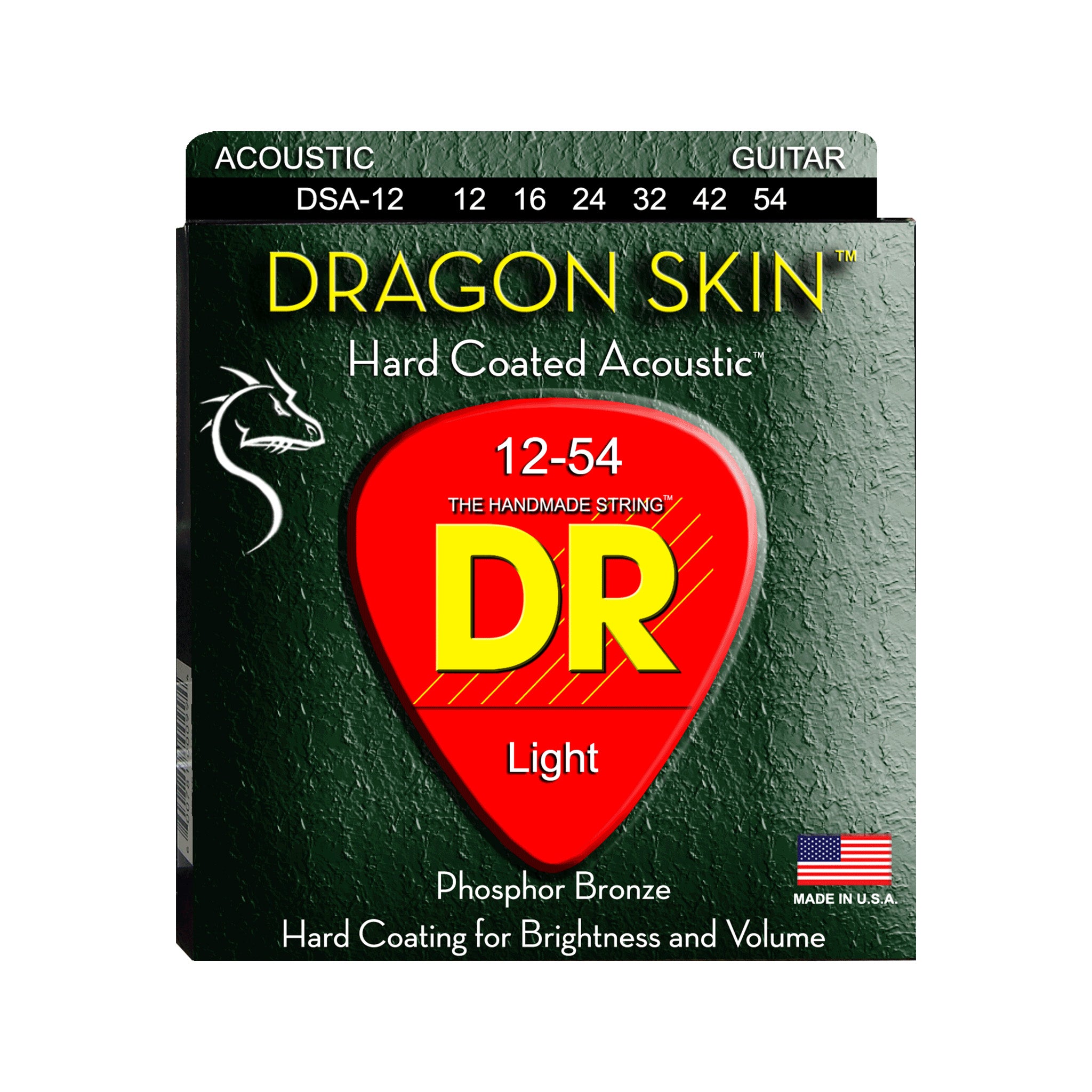 DR Strings DSA-12 Dragon-Skin Phosphor Bronze Coated Acoustic Guitar Strings, Light, 12-54