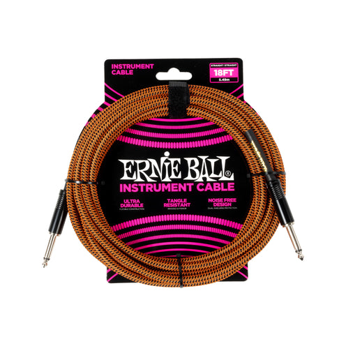 Ernie Ball Braided 18ft Straight to Angle Instrument Cable, Pumpkin Pie
