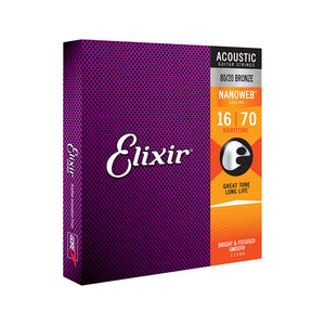 Elixir 11306 Nanoweb 80/20 6-String Baritone Acoustic Guitar Strings 16-70