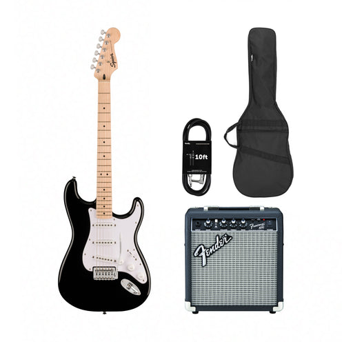Squier Sonic Stratocaster Electric Guitar w/White Pickguard, Maple FB, Black w/ Fender Frontman 10G Bundle