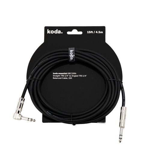 koda essential KBC15RA Straight TRS 1/4 inch to Angled TRS 1/4 inch Balanced Cable, 15ft