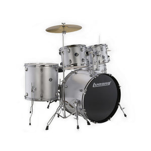 Ludwig LC16515 Accent Drive 5-Piece Drums Set w/Hardware+Throne+Cymbal, Silver Foil