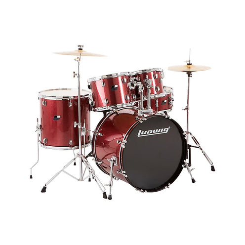 Ludwig LC18536 Backbeat 5-Piece Drums Set w/Hardware+Throne+Cymbal, Brushed Red