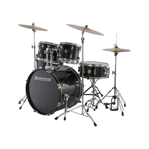 Ludwig LC19011XC Accent Fuse 5-Piece Drums Set w/Hardware+Throne+Cym14/16/20, Black Sparkle