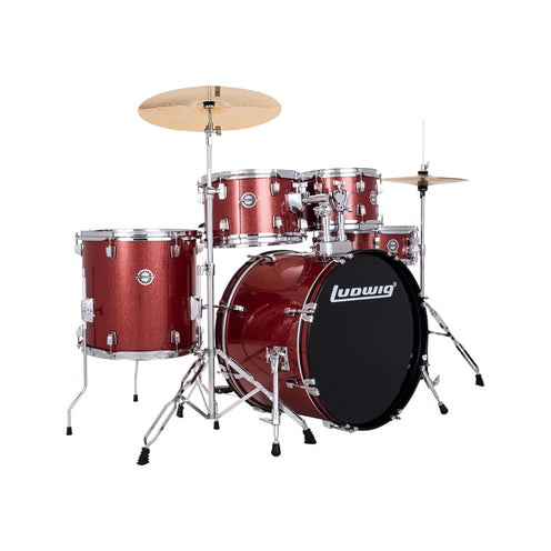 Ludwig LC19014XC Accent Fuse 5-Piece Drums Set w/Hardware+Throne+Cym14/16/20, Red Sparkle