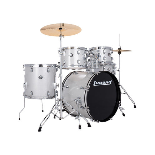Ludwig LC19015XC Accent Fuse 5-Piece Drums Set w/Hardware+Throne+Cym14/16/20, Silver Sparkle