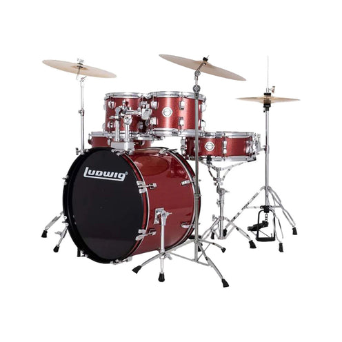 Ludwig LC19514XC Accent Drive 5-Piece Drum Set w/Hardware+Throne+Cym14/16/20, Red Sparkle
