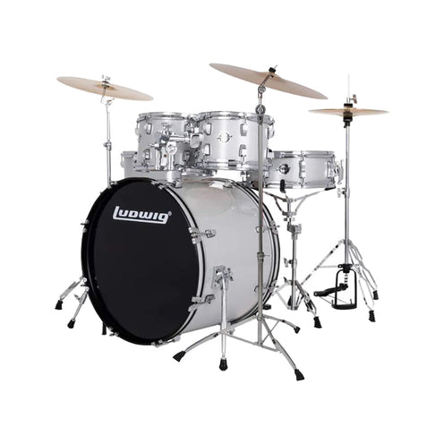 Ludwig LC19515XC Accent Drive 5-Piece Drum Set w/Hardware+Throne+Cym14/16/20, Silver Sparkle