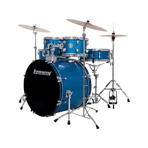 Ludwig LC19519XC Accent Drive 5-Piece Drum Set w/Hardware+Throne+Cym14/16/20, Blue Sparkle