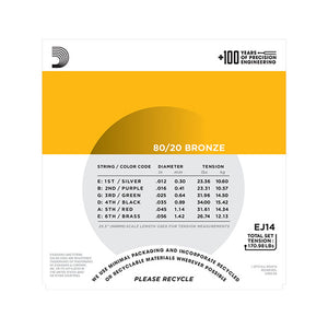 D'Addario EJ14 80/20 Bronze Acoustic Guitar Strings, Light Top/Medium Bottom/Bluegrass, 12-56