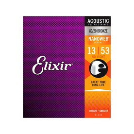 Elixir 11182 Nanoweb 80/20 Bronze Acoustic Guitar Strings, HD Light, 13-53