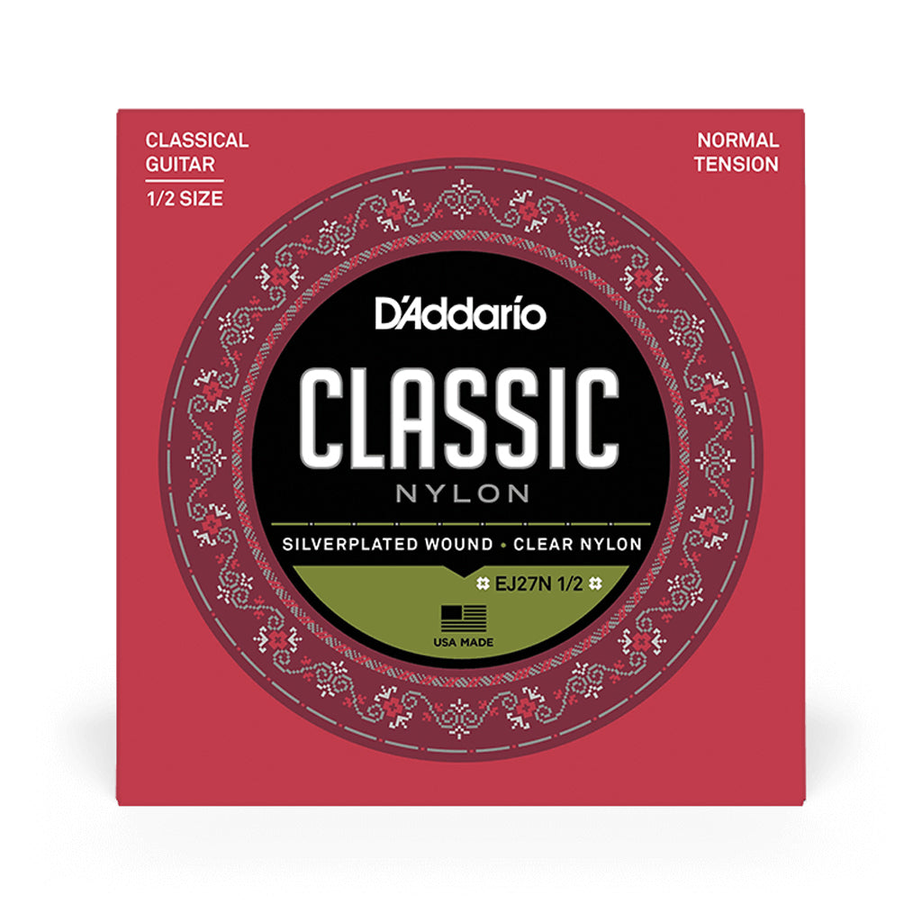 D'Addario EJ27N Student Nylon 1/2 Sized Classical Guitar Strings, Normal Tension, Silverplated Wound