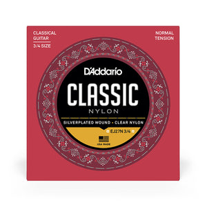 D'Addario EJ27N Student Nylon 3/4 Sized Classical Guitar Strings, Normal Tension, Silverplated Wound