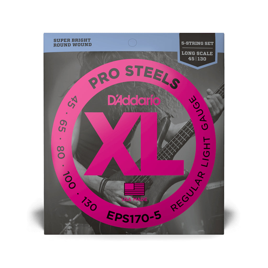 D'Addario EPS-170-5 Pro Steels 5-String Bass Guitar Strings, Light, 45-130, Long Scale