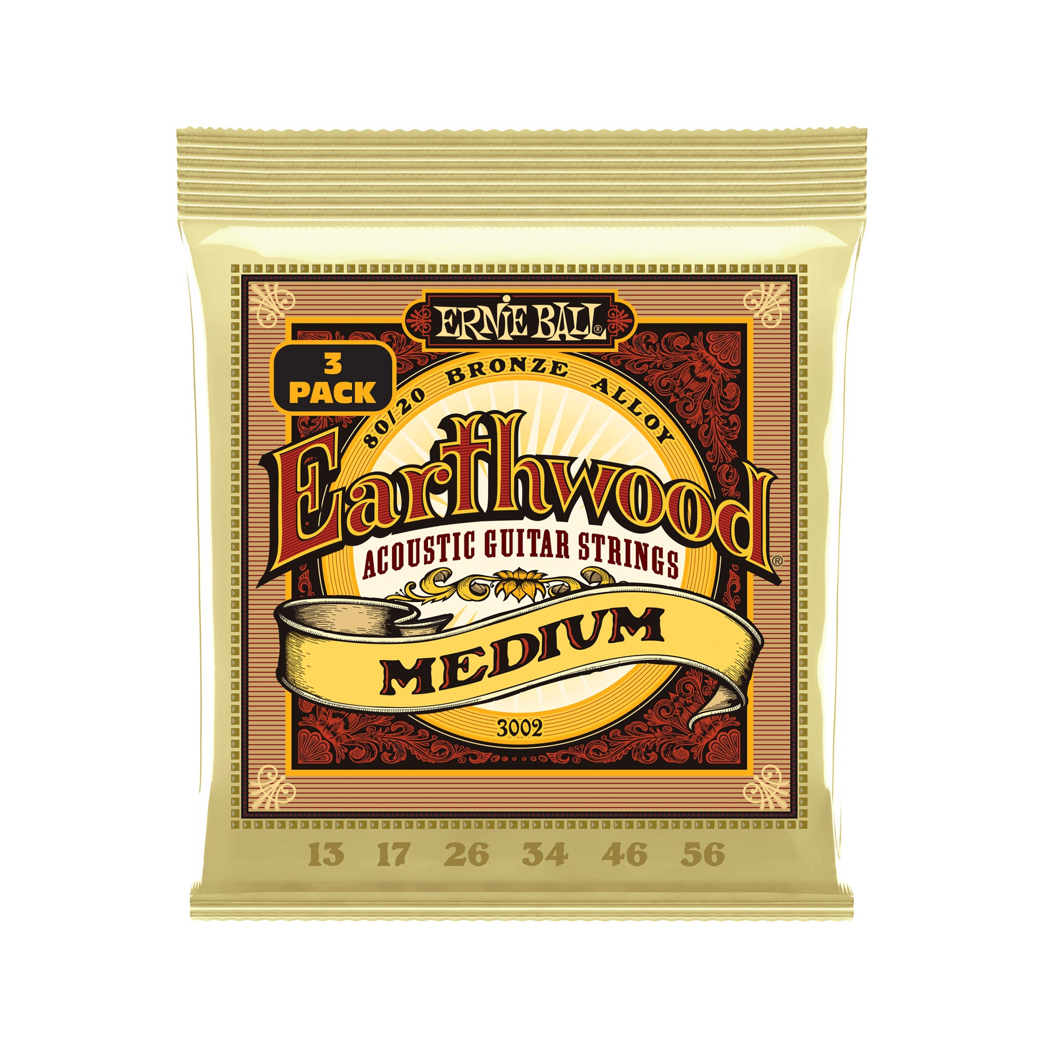 Ernie Ball Earthwood Medium 80/20 Bronze Acoustic Guitar Strings, 13-56, 3-Pack