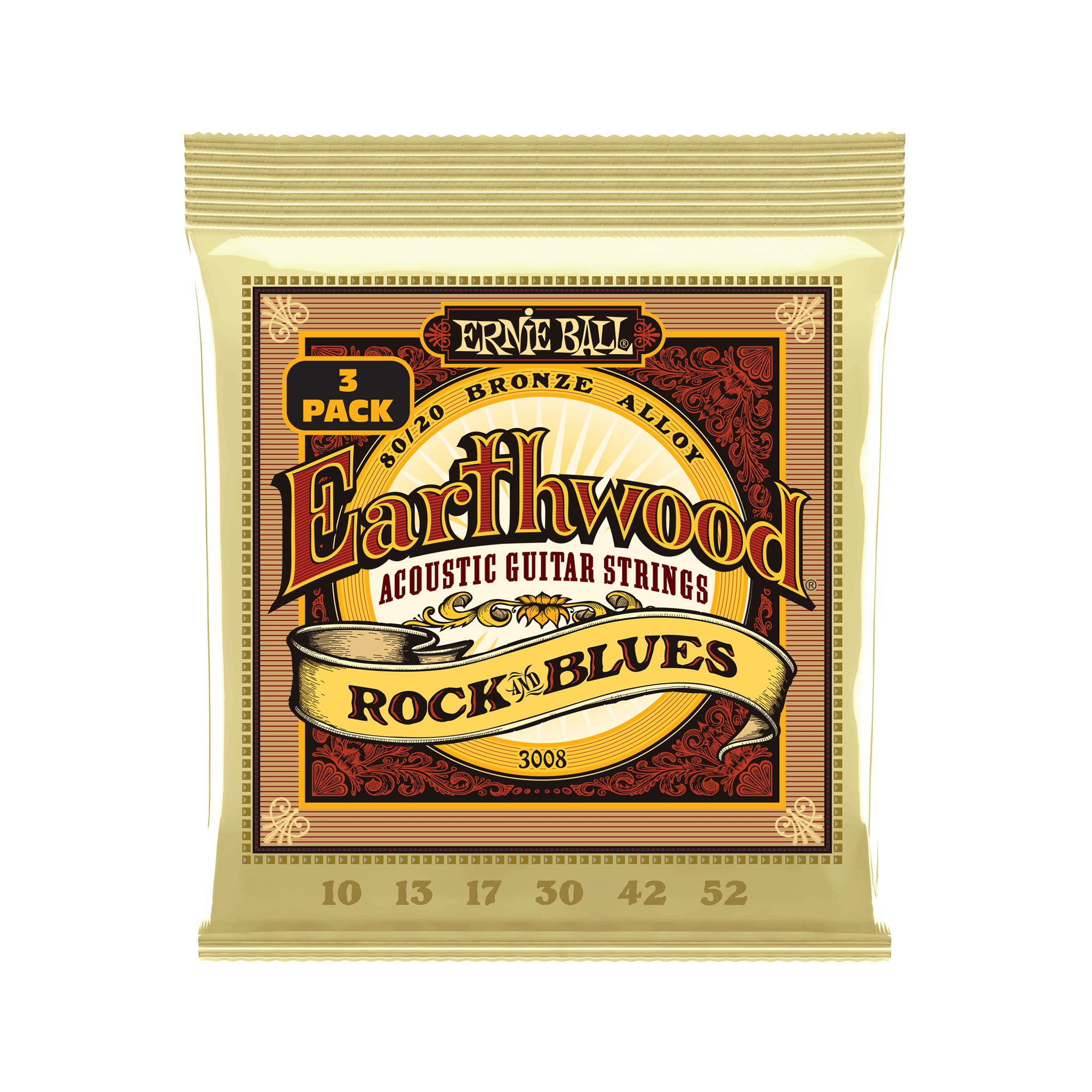 Ernie Ball Earthwood Rock and Blues 80/20 Bronze Acoustic Guitar Strings, 10-52, 3-Pack