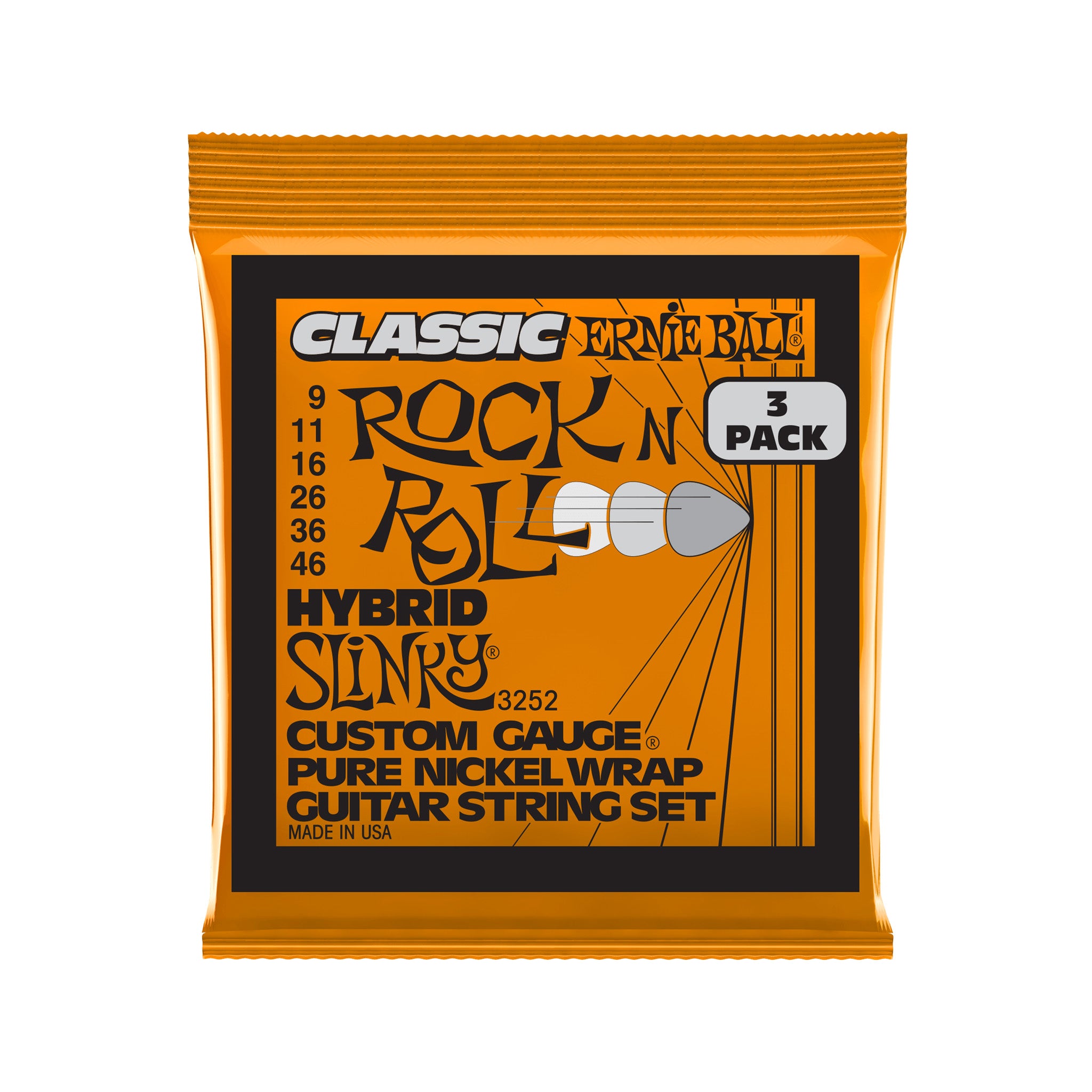 Ernie Ball Hybrid Slinky Classic Rock N Roll Electric Guitar Strings, 9-46, 3-Pack