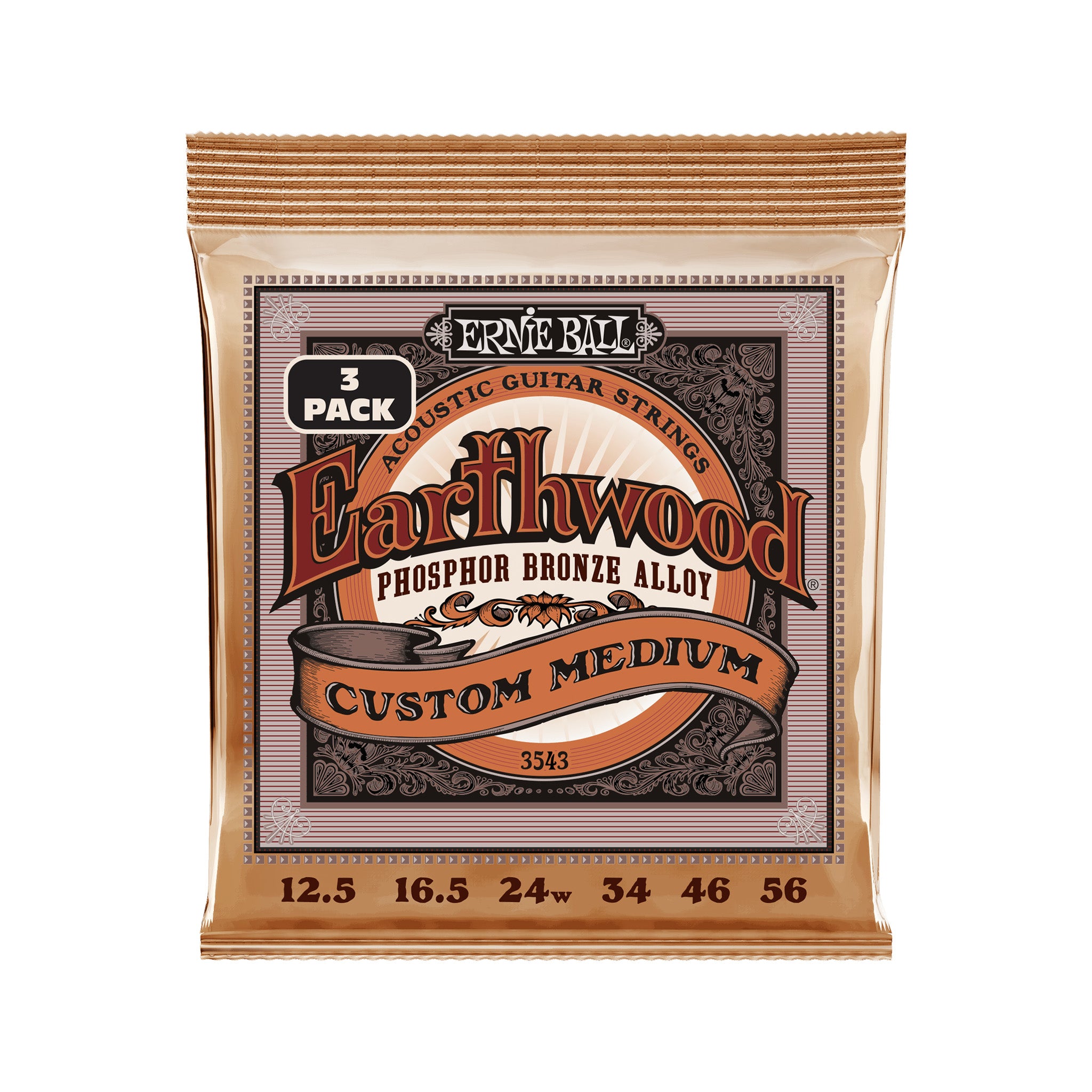 Ernie Ball Earthwood Custom Medium Phosphor Bronze Acoustic Guitar Strings, 12.5-56, 3-Pack
