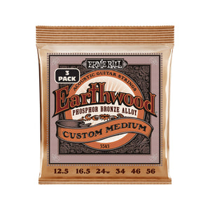 Ernie Ball Earthwood Custom Medium Phosphor Bronze Acoustic Guitar Strings, 12.5-56, 3-Pack