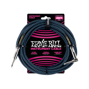 Ernie Ball 25ft Braided Straight to Angle Instrument Cable, Black/Blue