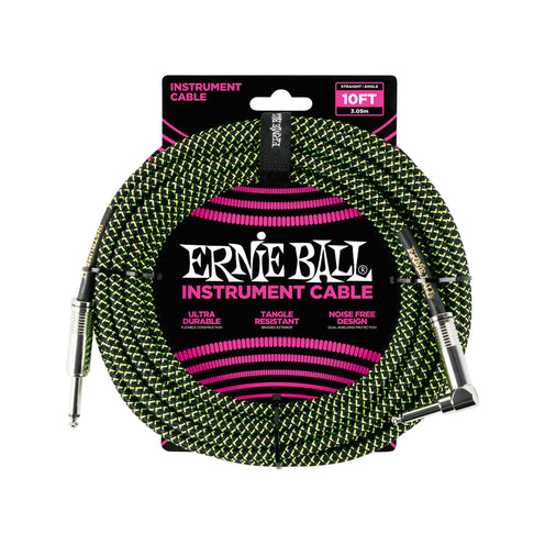 Ernie Ball 10FT Braided Straight to Angle Instrument Cable, Black/Green