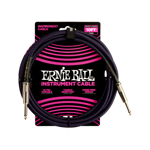 Ernie Ball 10FT Braided Straight to Straight Instrument Cable, Purple Black