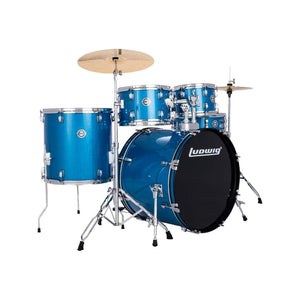 Ludwig LC19519 Accent Drive 5-Piece Drums Set w/Hardware+Throne+Cymbal, Blue Sparkle